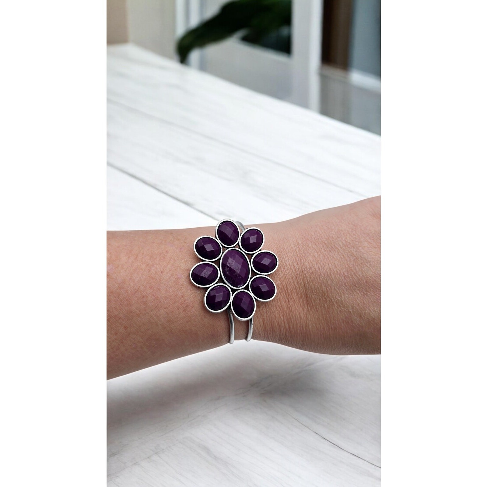 Plum Purple Stone Flower Cuff Bracelet Faceted Cluster – Romantic Statement