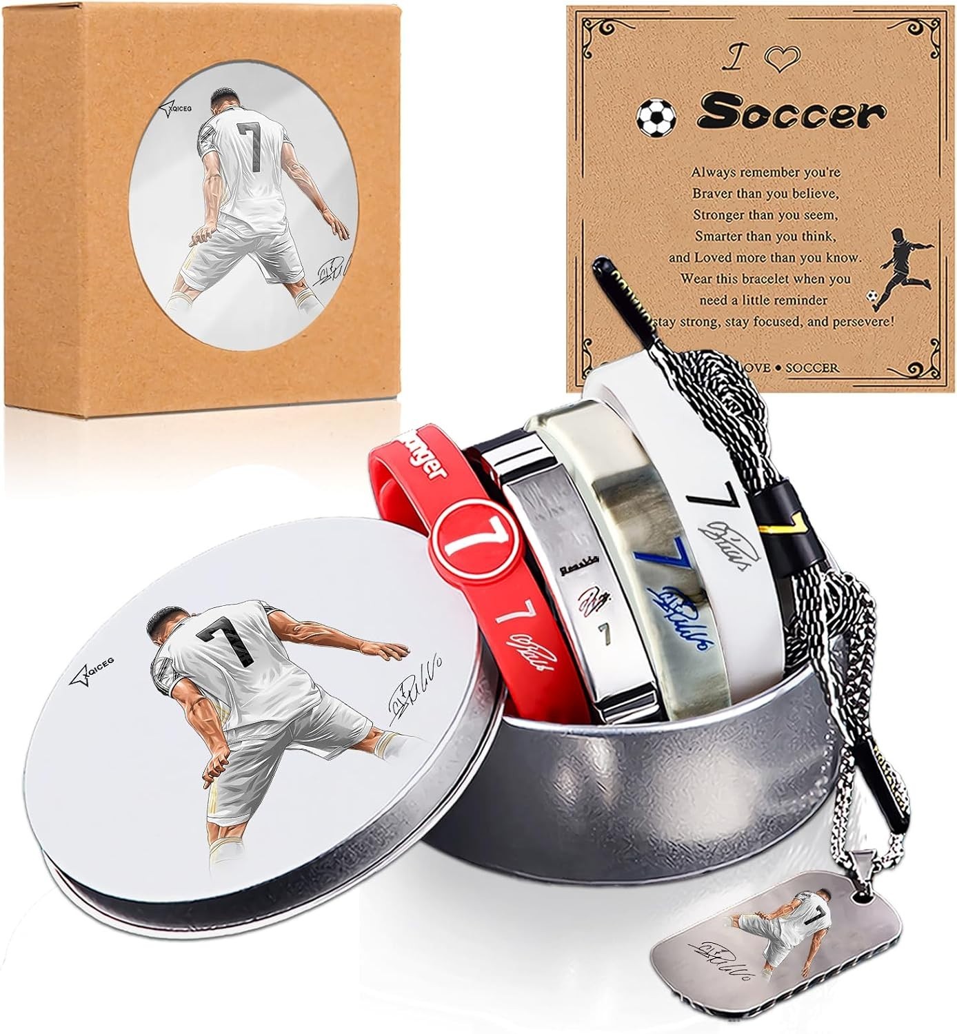 6Pcs C.R No.7 Soccer Sports Bracelets Necklaces Set, Number.7 Titanium Steel Adj