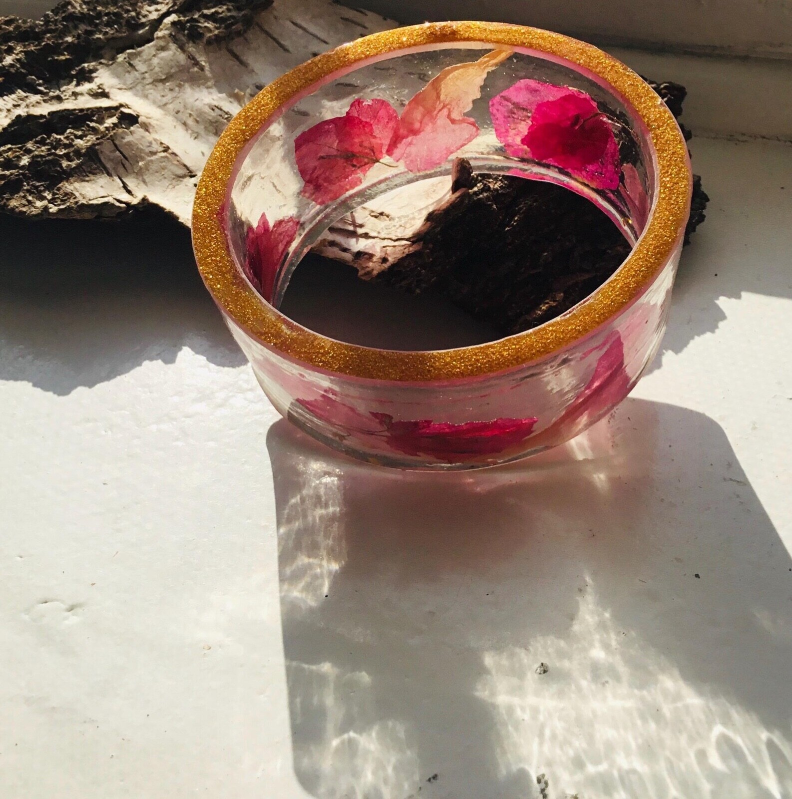 Unique Botanical Bangle – Natural Dry Pressed Bougainvillea & Pink Rose Petals