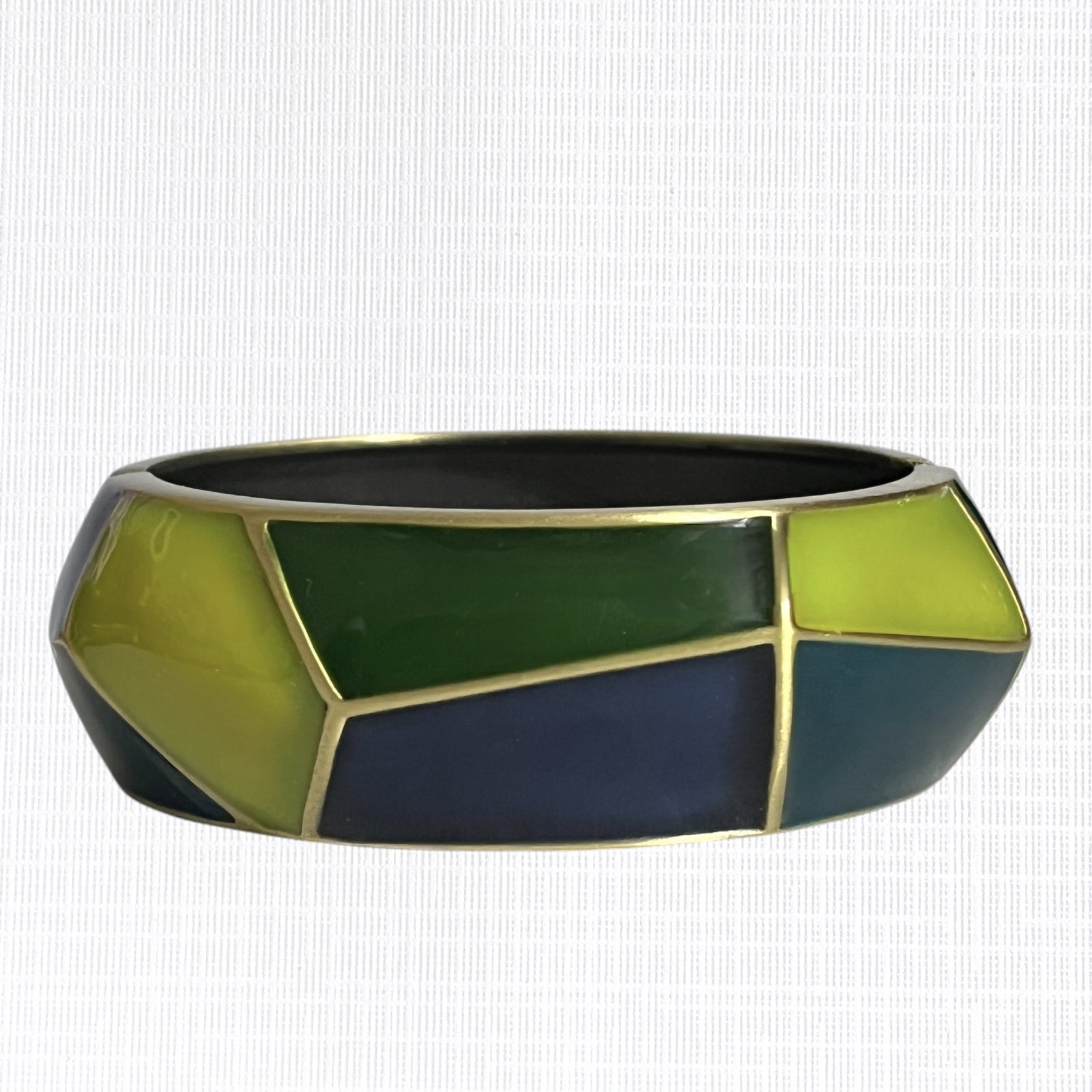 Vintage Geometric Enamel Bangle Bracelet Hinged Blue Green Clamper Artsy 1″ Wide