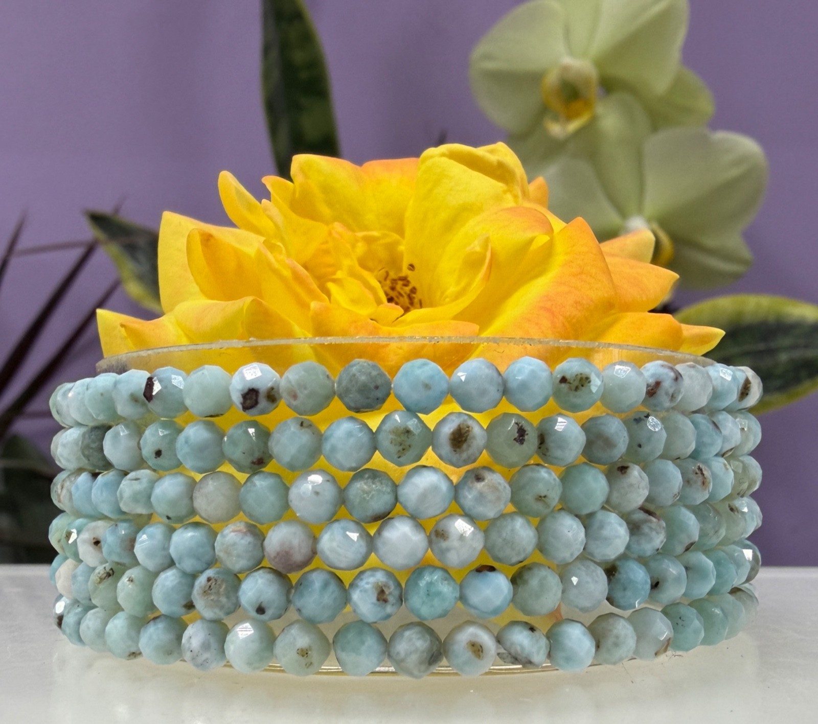 Wholesale Lot 6 Pcs Natural Larimar Faceted Stretch Bracelets – 4mm – 7.5”