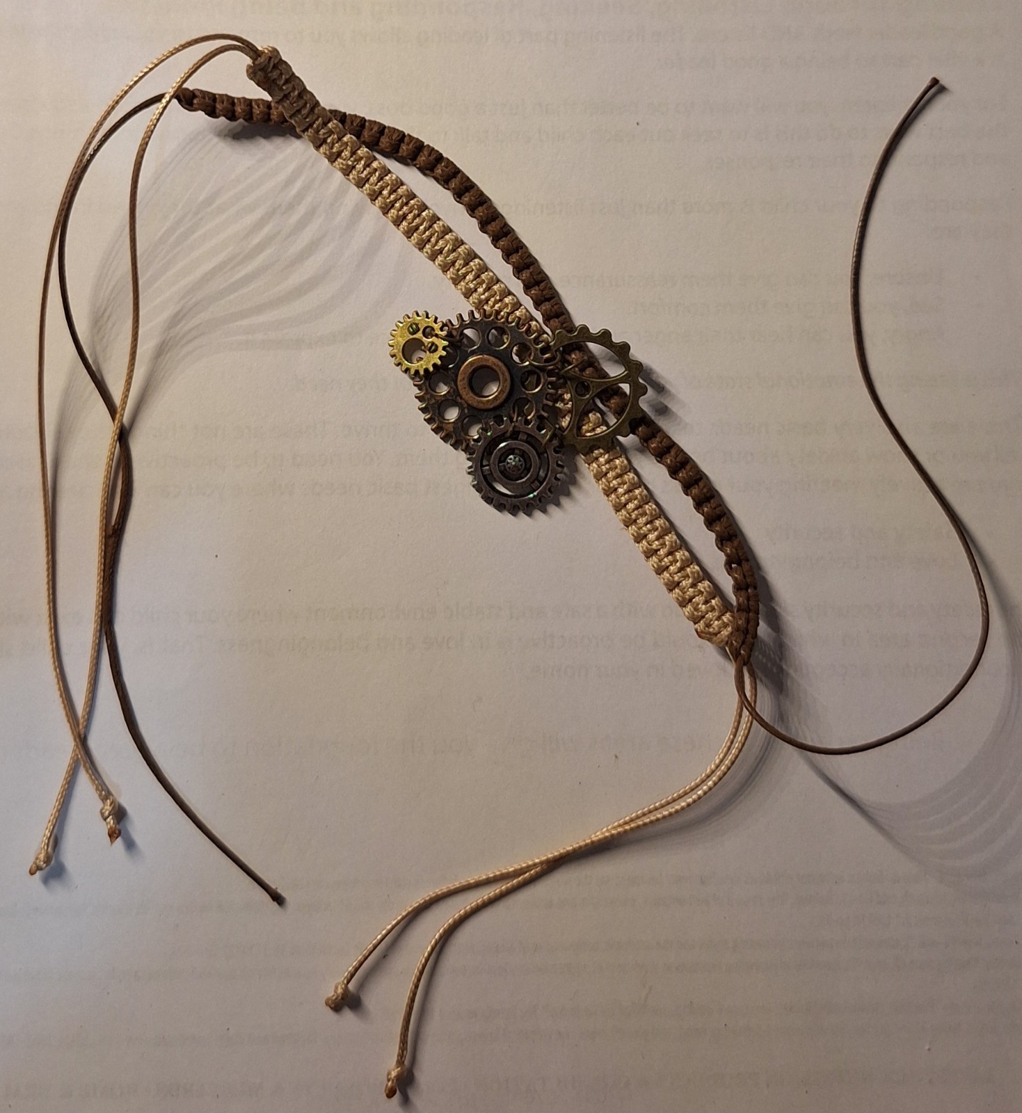 Brown Braided Rope Cord Bracelet 6.5″, Steampunk Brass Gear Dangle Charm, Adj.