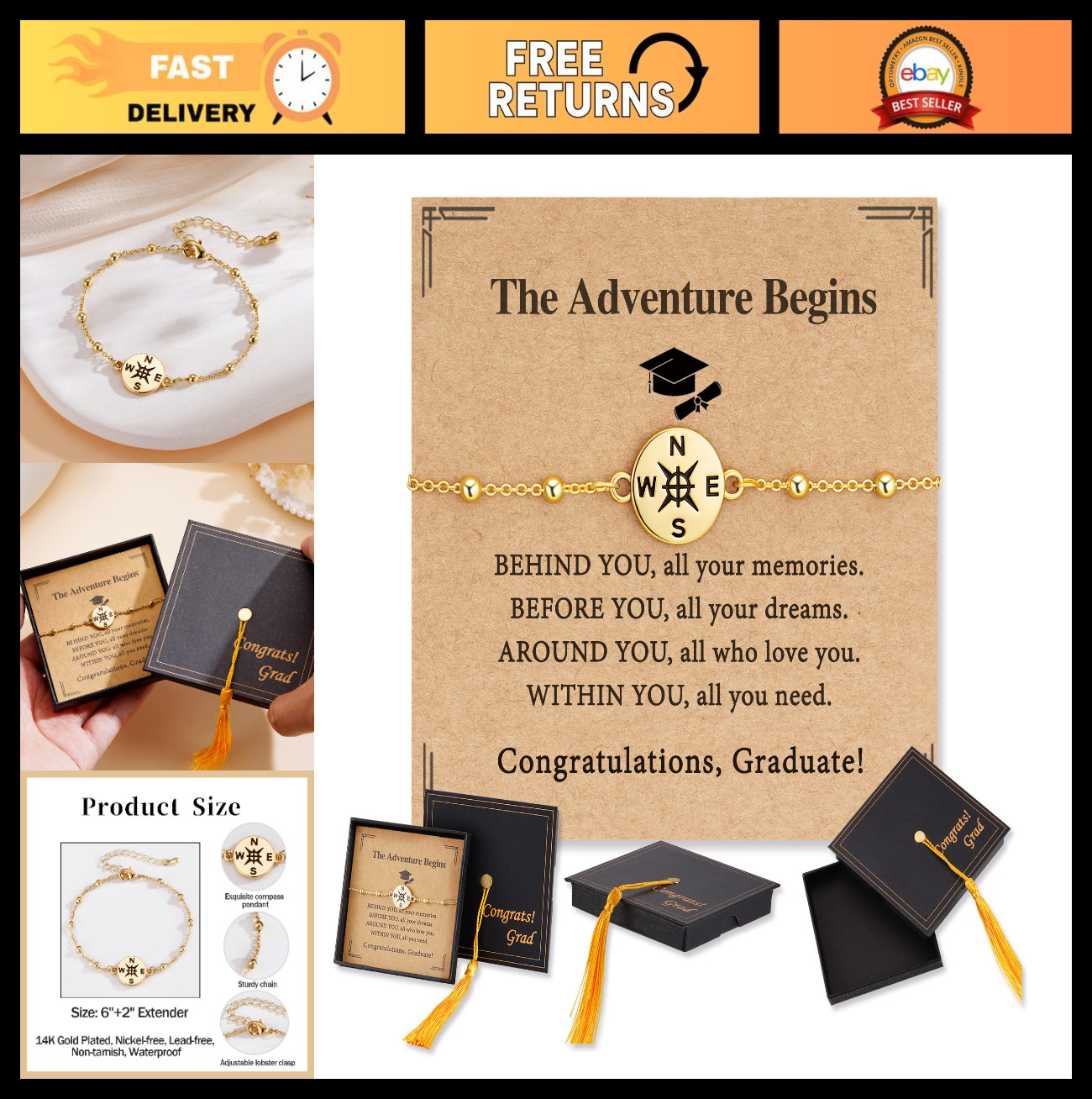 2026 Graduation Bracelet for Her – 14K Gold/Silver Plated Compass & Cap Gift Box
