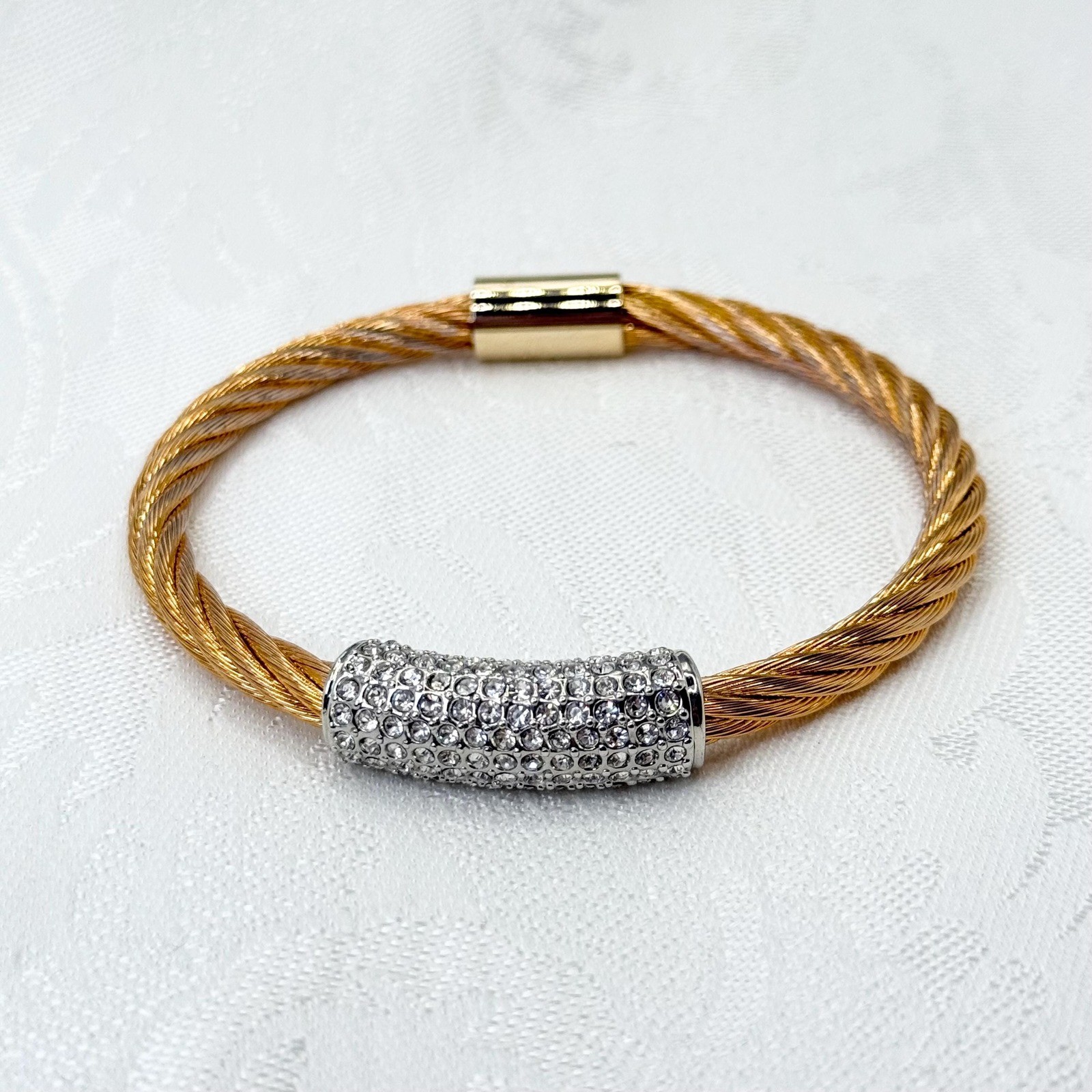 Vintage Gold Tone and Silver Pavé Rhinestones Braided Bangle Bracelet