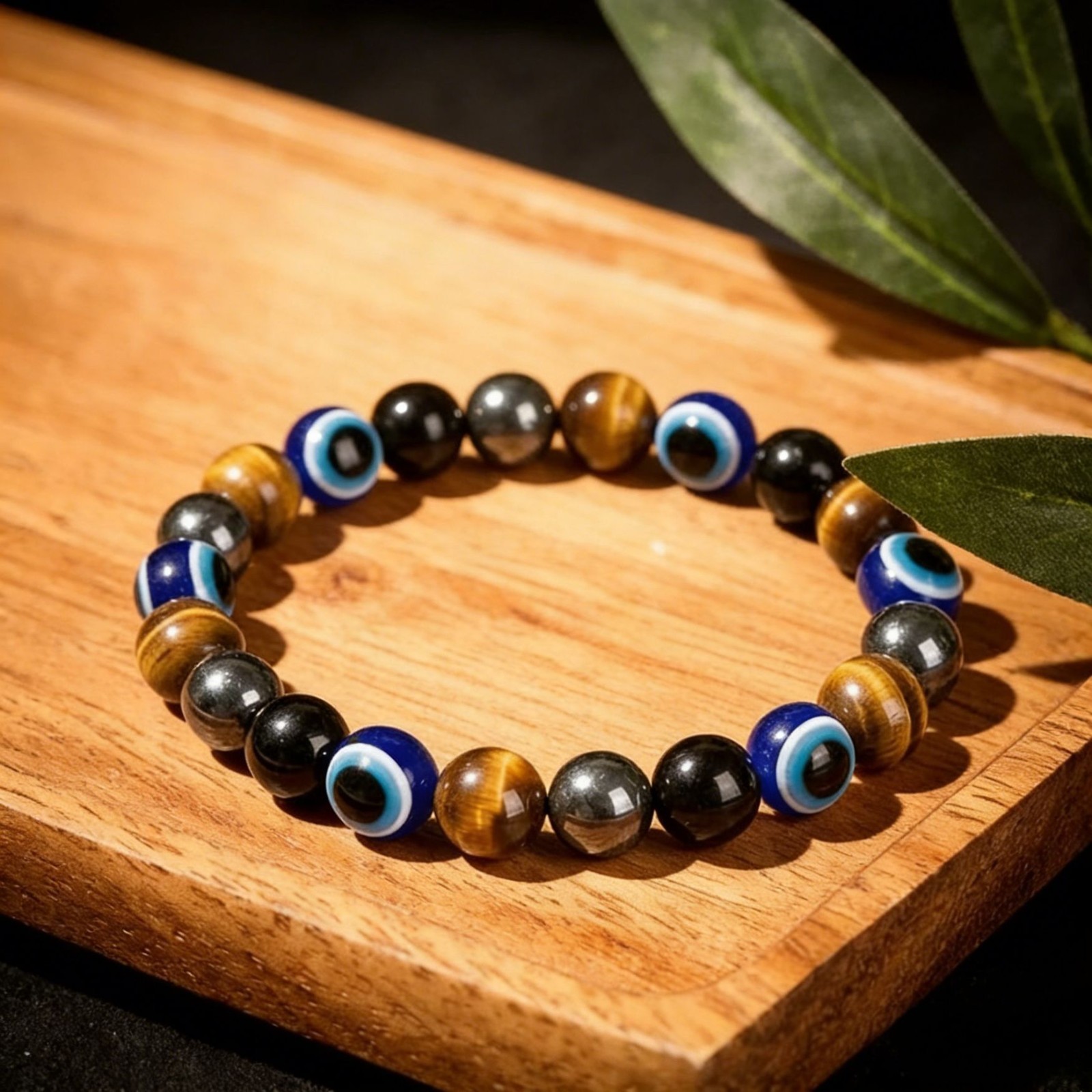 Triple Protection Evil Eye Bracelet 8mm Tiger Eye Black Obsidian Hematite Beads