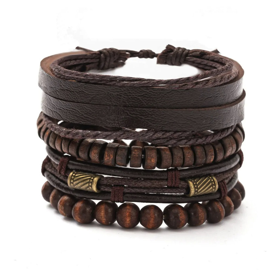 4pcs Vintage Multi-Layer Wooden Beads Leather Bracelets Unisex Set – NEW