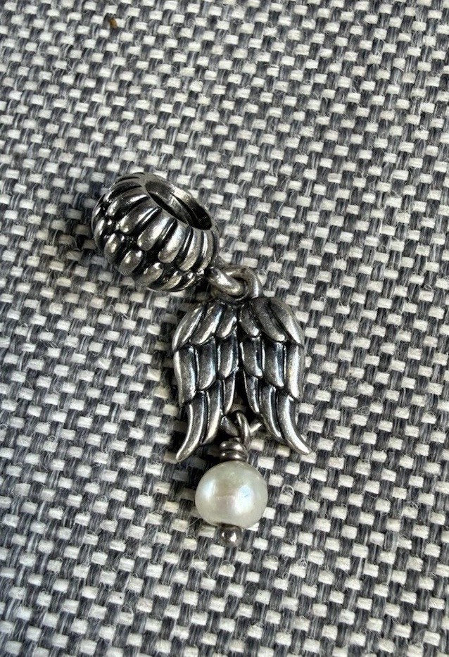 Pandora 925 Silver Guardian Angel Wings Pearl Dangle Charm Authentic Retired