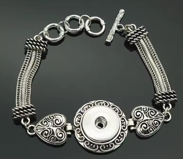 Snap Jewelry Antique Heart Toggle Bracelet Fits 18-20mm Fits Ginger Style Charm