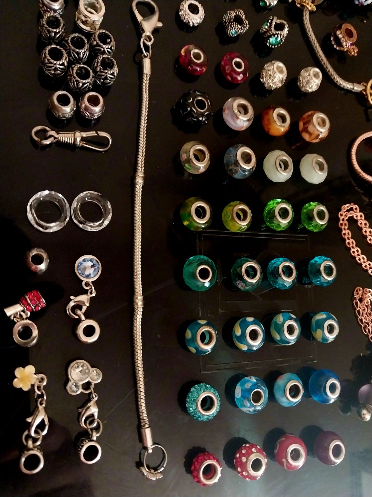 Glass Slide Bead Charms and 3 Bracelets Lot of 75 pcs 925 Murano & Dangle Charms