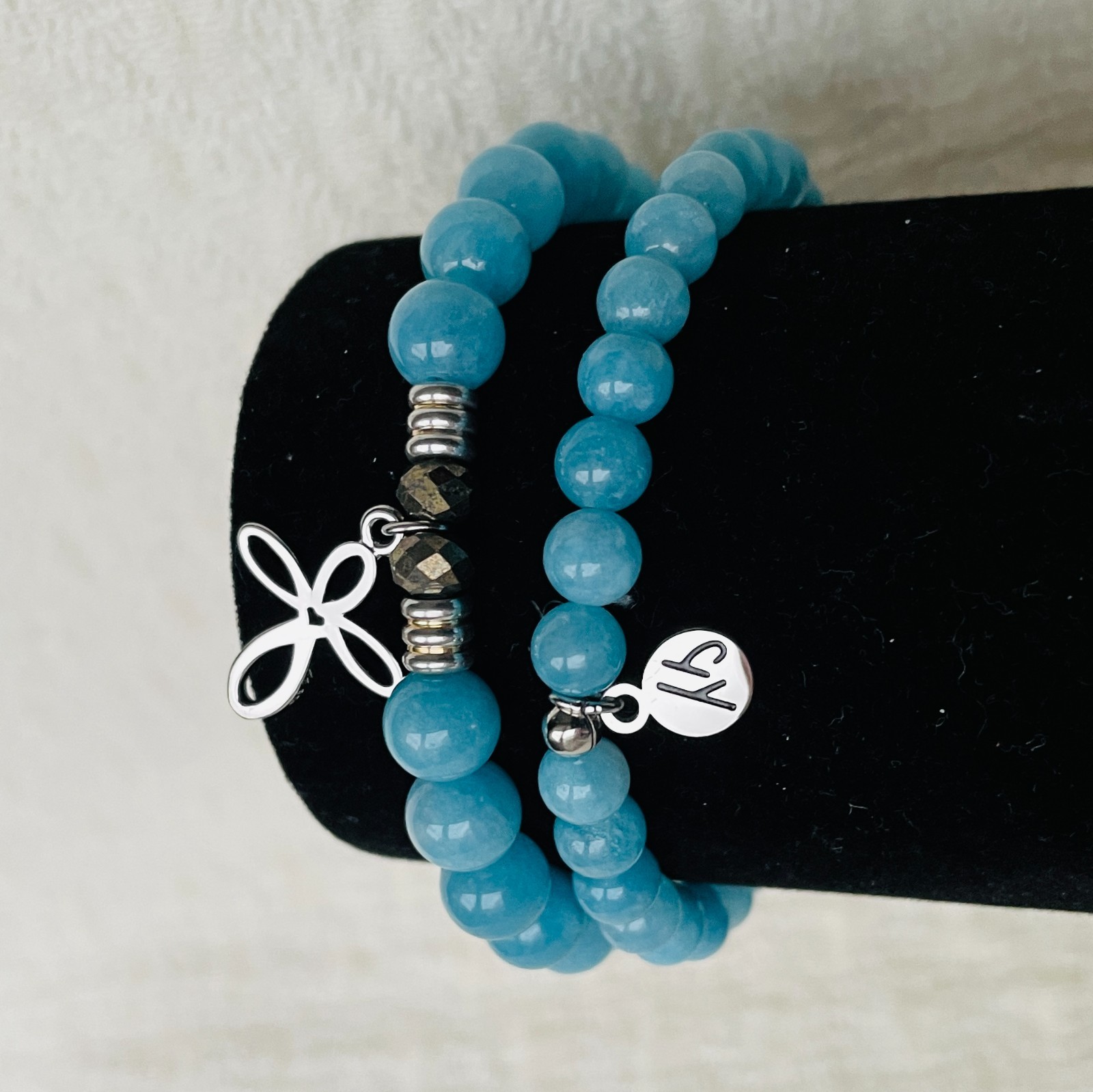 T. Jazelle Silver Charm Aqua Amazonite Stretch Bracelet Set of 2, 6 -7 inch NEW!
