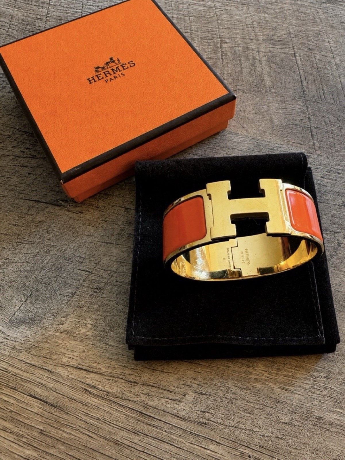 Hermès Clic Clac H PM Bracelet Orange Enamel Gold Plated Made in France