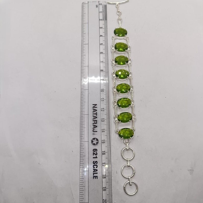 Peridot Link Bracelet, Bright Green Oval Faceted Stones With Silver Tone Clasp
