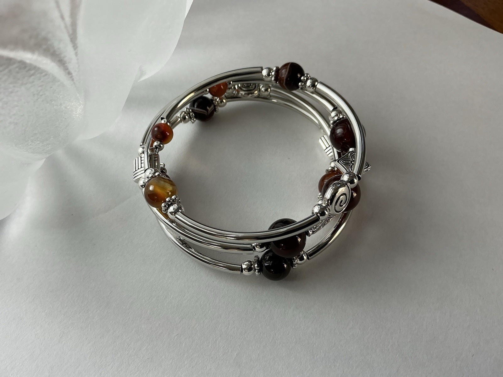 Beaded Wrap Bracelet, Silver Tone, Brown & Orange Glass Beads, Adjustable