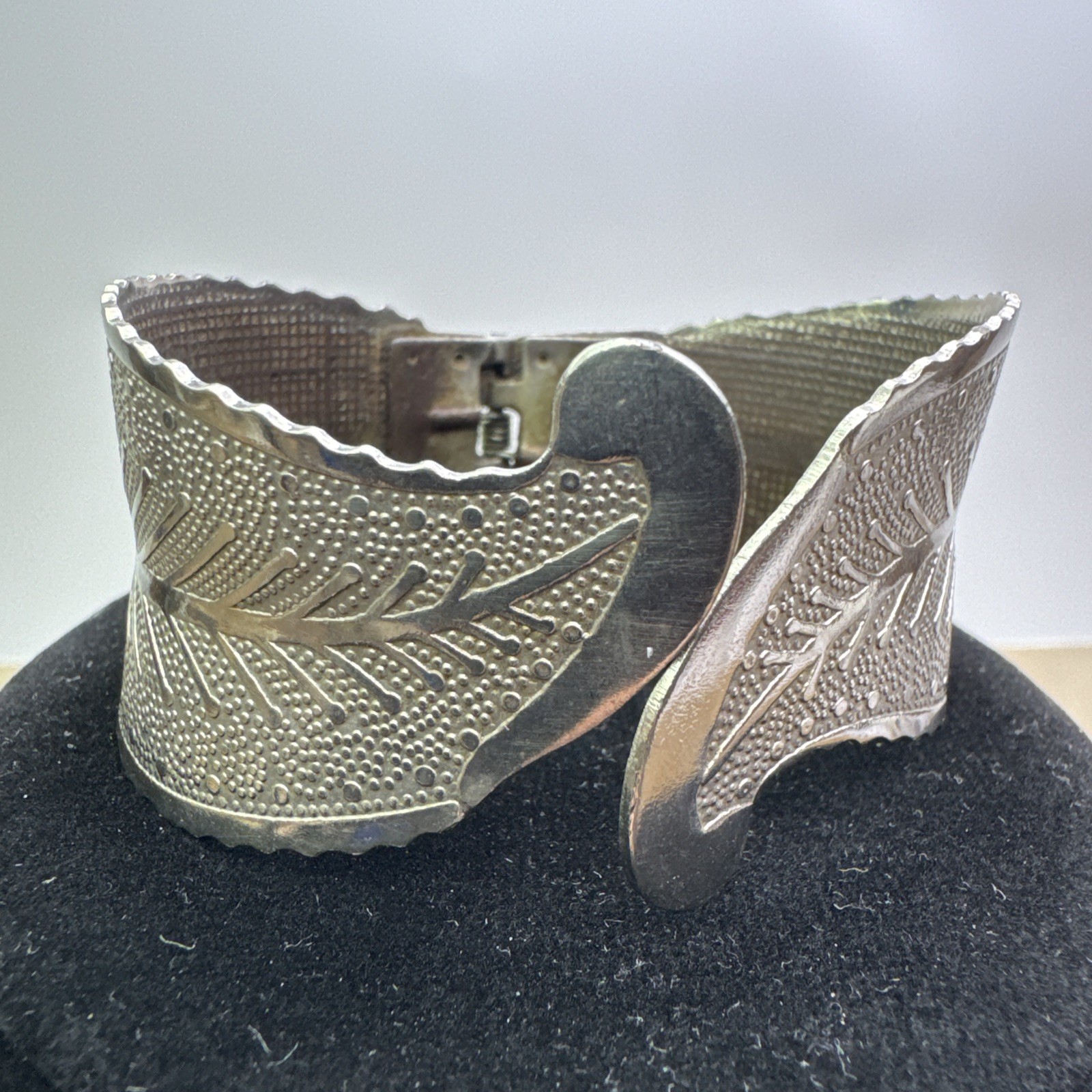 Leaf Wrap Cuff Bracelet Etched Metal Silver Tone