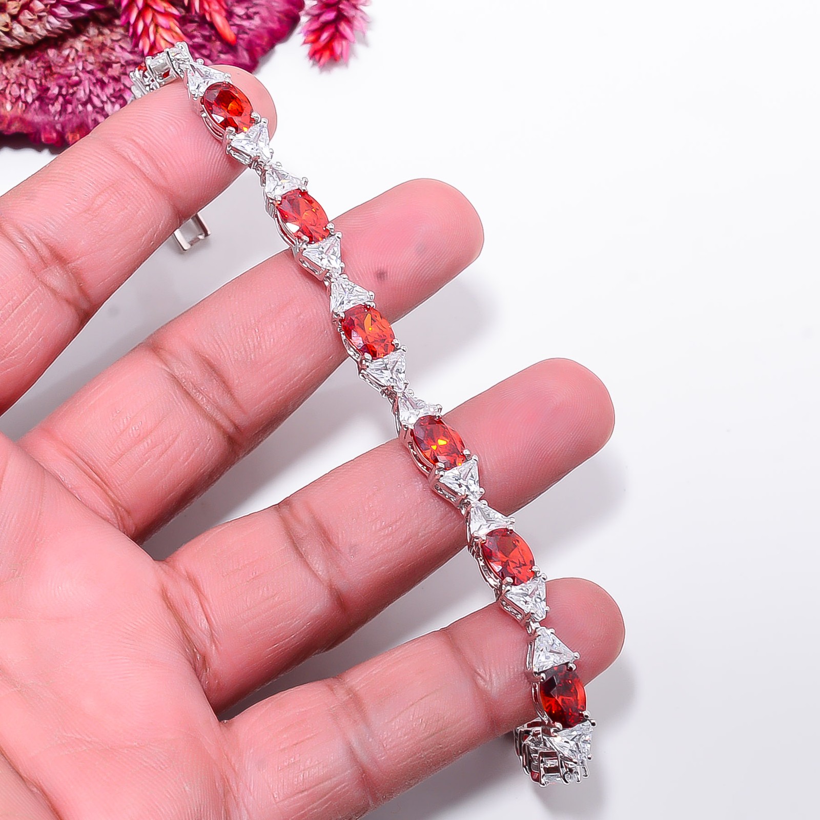 Red Garnet, CZ 925 Sterling Silver Adjustable Bracelet 7-8″ B13385