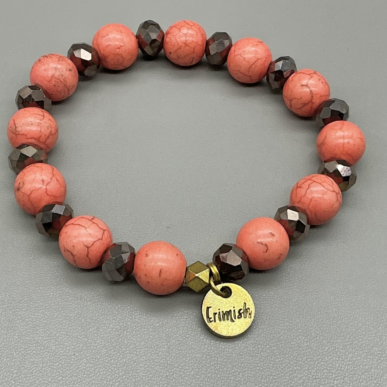Erimish Bracelet Pink Stone Beaded Stretch Gold Tone Charm Womens Boho 6 Inch