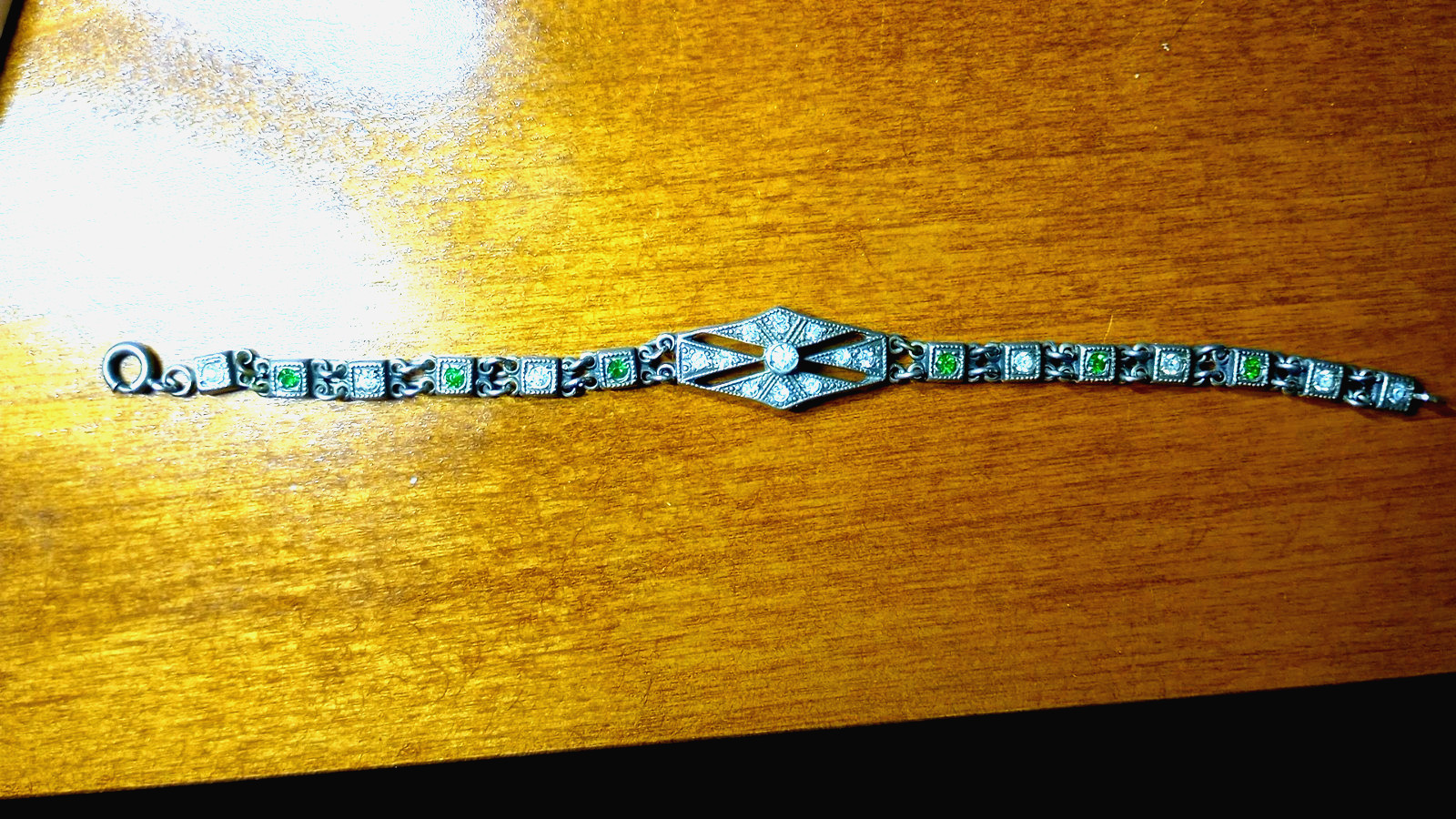 Vintage Sterling Silver 925 Diamond & Emerald Art Deco Tennis Link Bar Bracelet