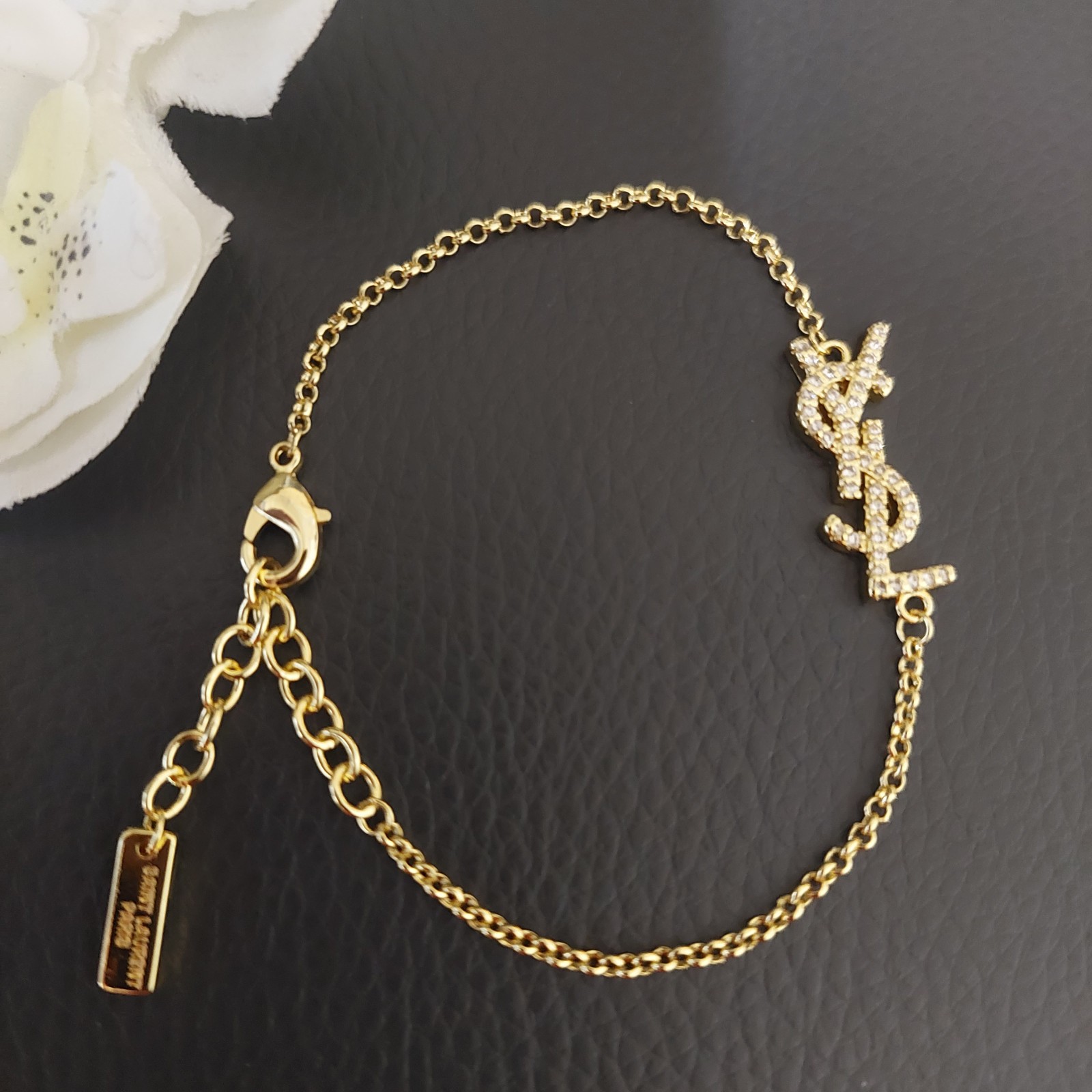 YSL Saint Laurent Charm Bracelet Crystal Brass Metal Gold!