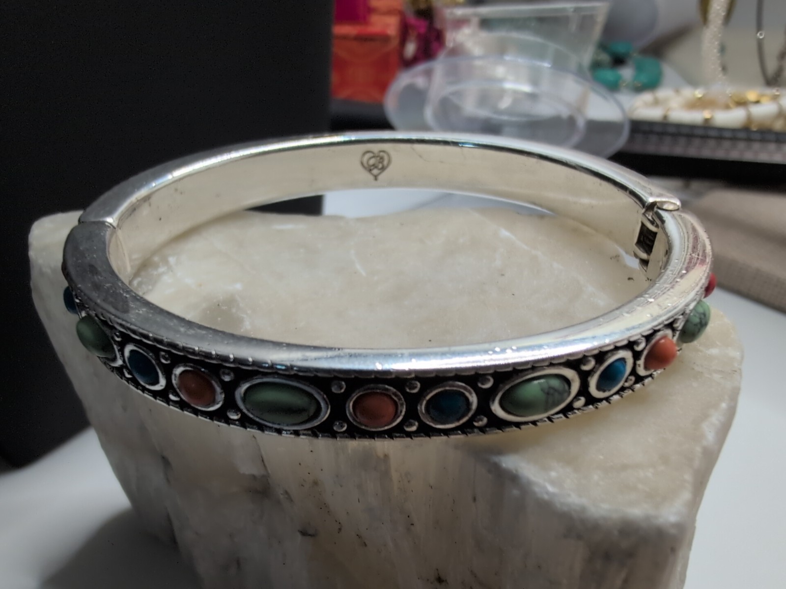 Brighton Loretto Silver Semi Precious Howlite Bangle Bracelet-2 Stones Missing