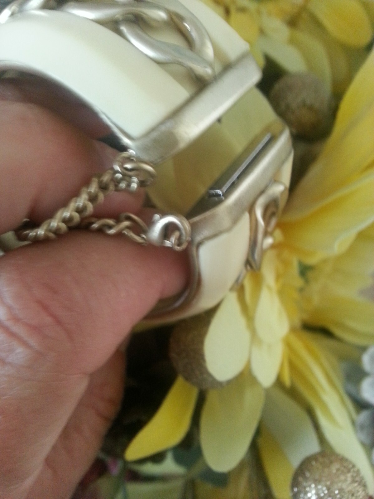 “Monet” Brushed Gold Plated Cream Resin Insets With Curb Chain Hinge *** Bangle