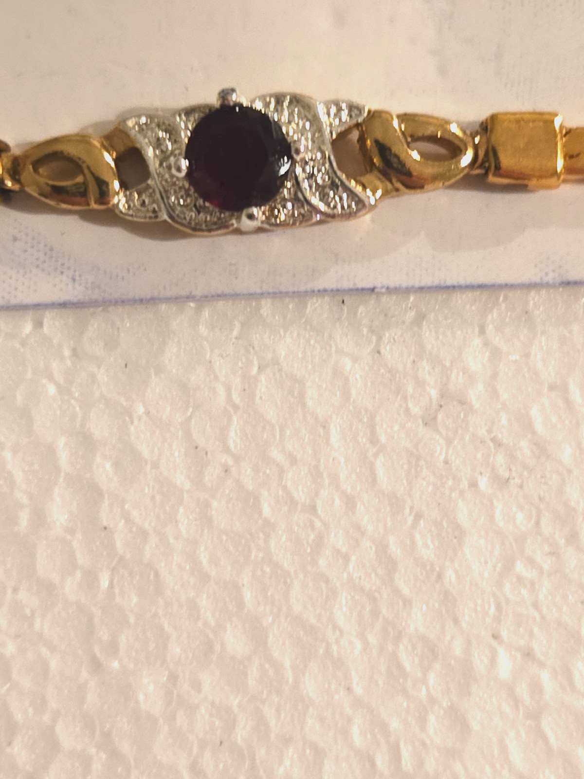 Gold Tone Bracelet Herringbone Chain Dark Red Garnet Silver Tone Setting 7″