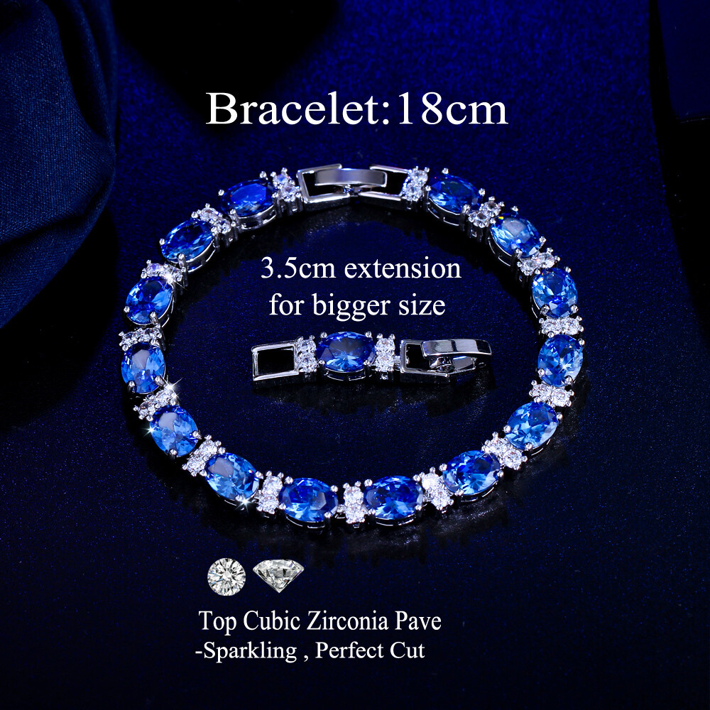 Charming Blue Oval Cubic Zirconia Silver Plated Wedding Bracelet for Women Party