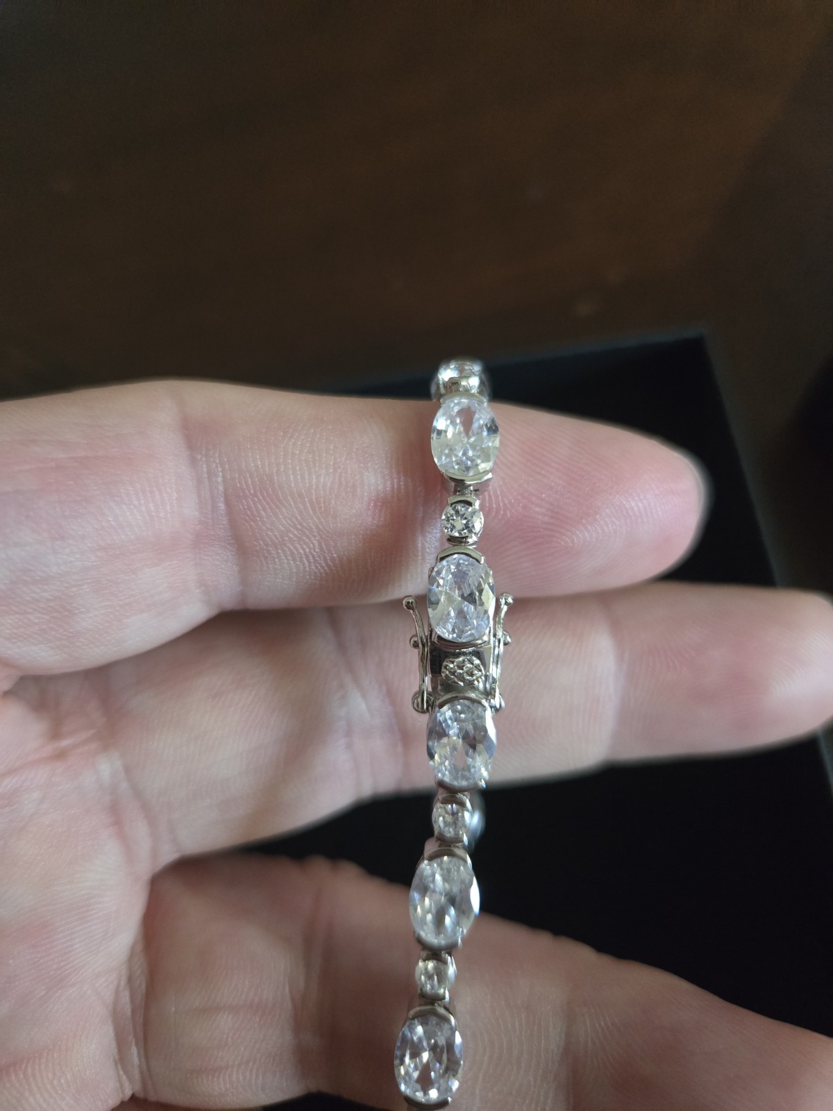 Solid 925 Sterling silver Oval Clear Cubic zirconia Tennis Link Bracelet.