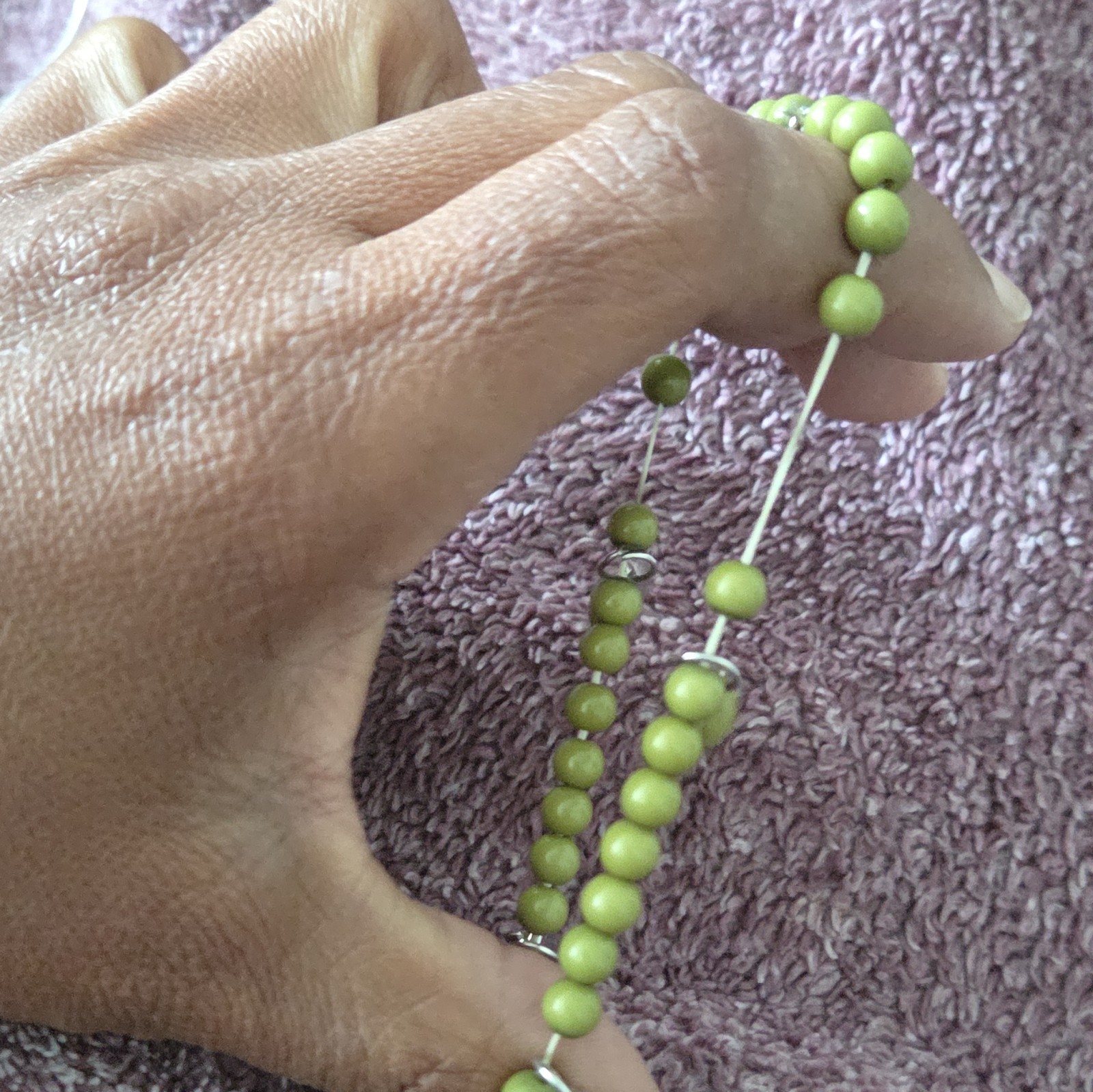 Green Round Beaded Slip-On Bracelet No Clasp Bead Chain w/ Dangle Charms