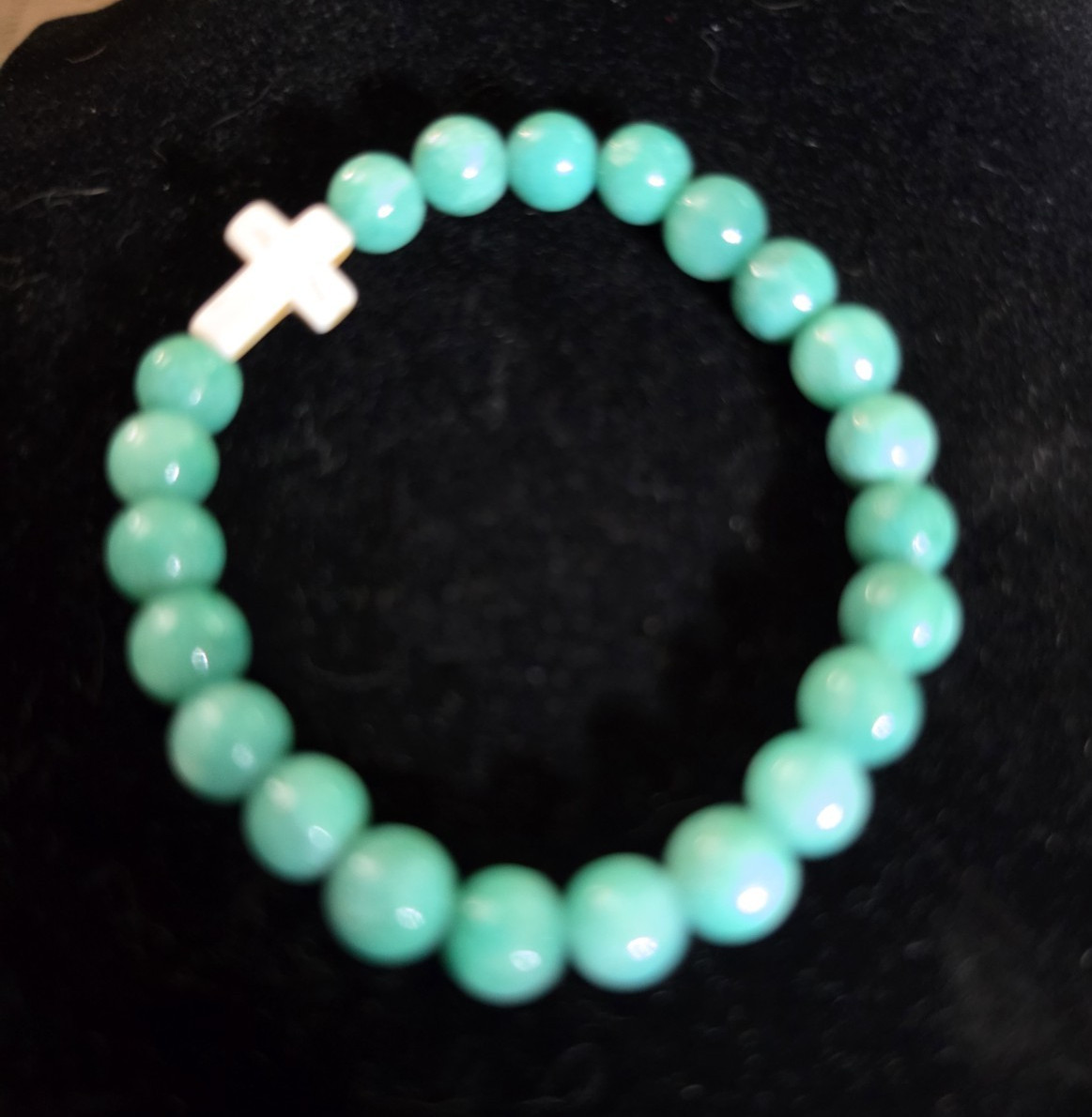 Stackable Beaded Charm Bracelet Green Round Stone Dangle Cross Slide Closure