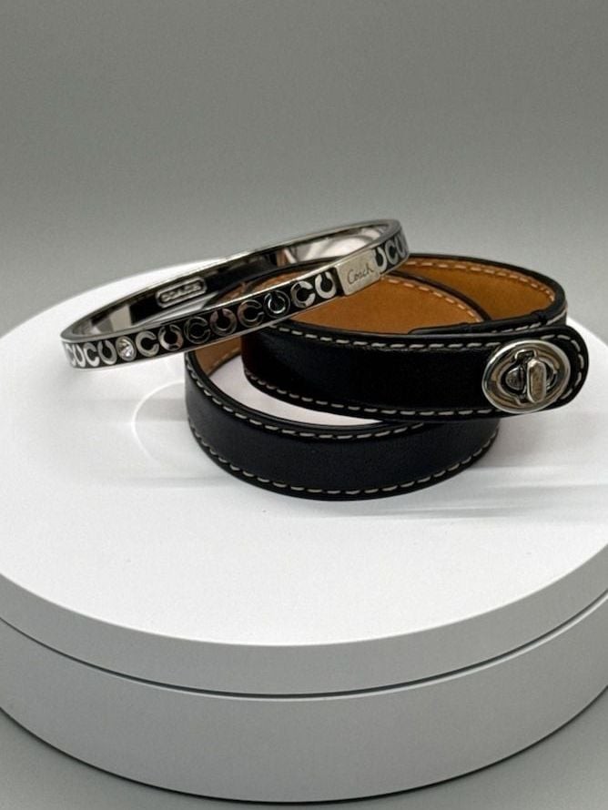 Lot Coach Silver Tone Enamel C Logo Bangle & Leather Wrap Turnlock Bracelet