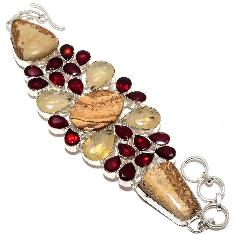 Natural Picture Jasper & Golden Rutile 925 Silver Plated Bracelet 7-8″LB-554