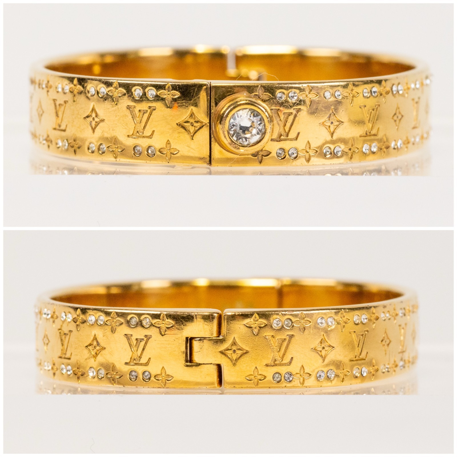 LOUIS VUITTON Nanogram Strass Bangle Bracelet Gold M64860 Size S Rigid w/Box [S]