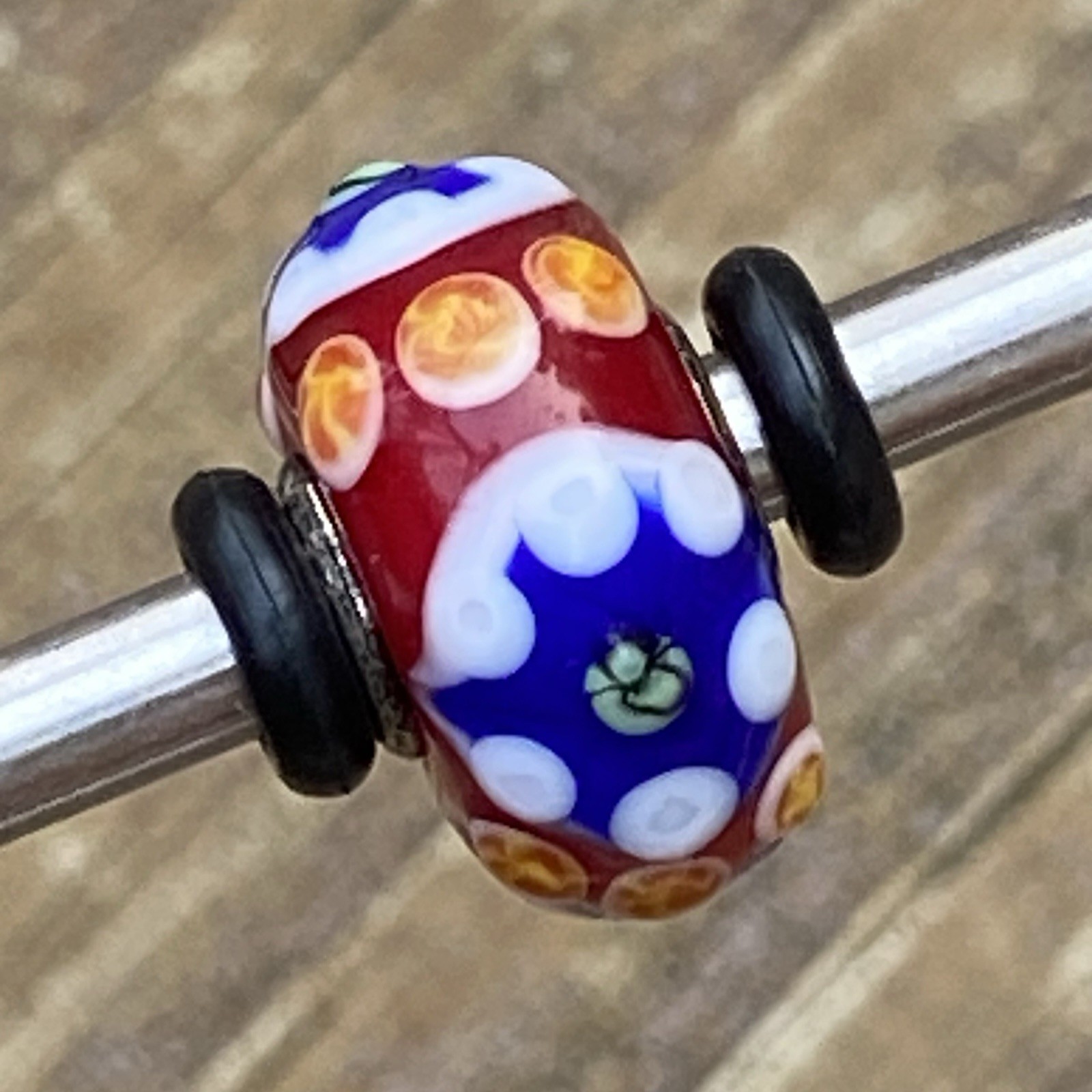 Authentic Trollbeads Unique OOAK Bead Red, Blue, Yellow & White