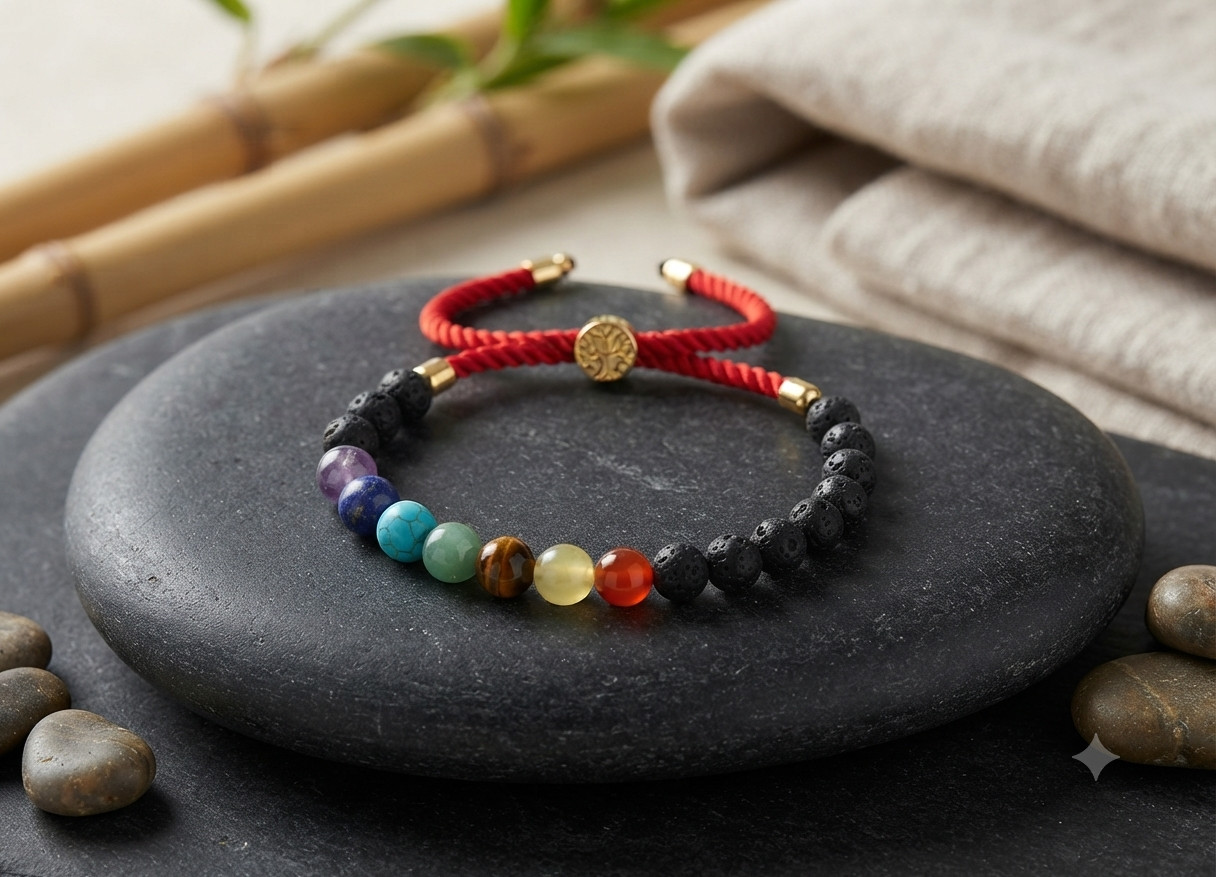 18K Gold Plated Red String Chakra Bracelet Lava Stone Gemstone Royal Adjustable