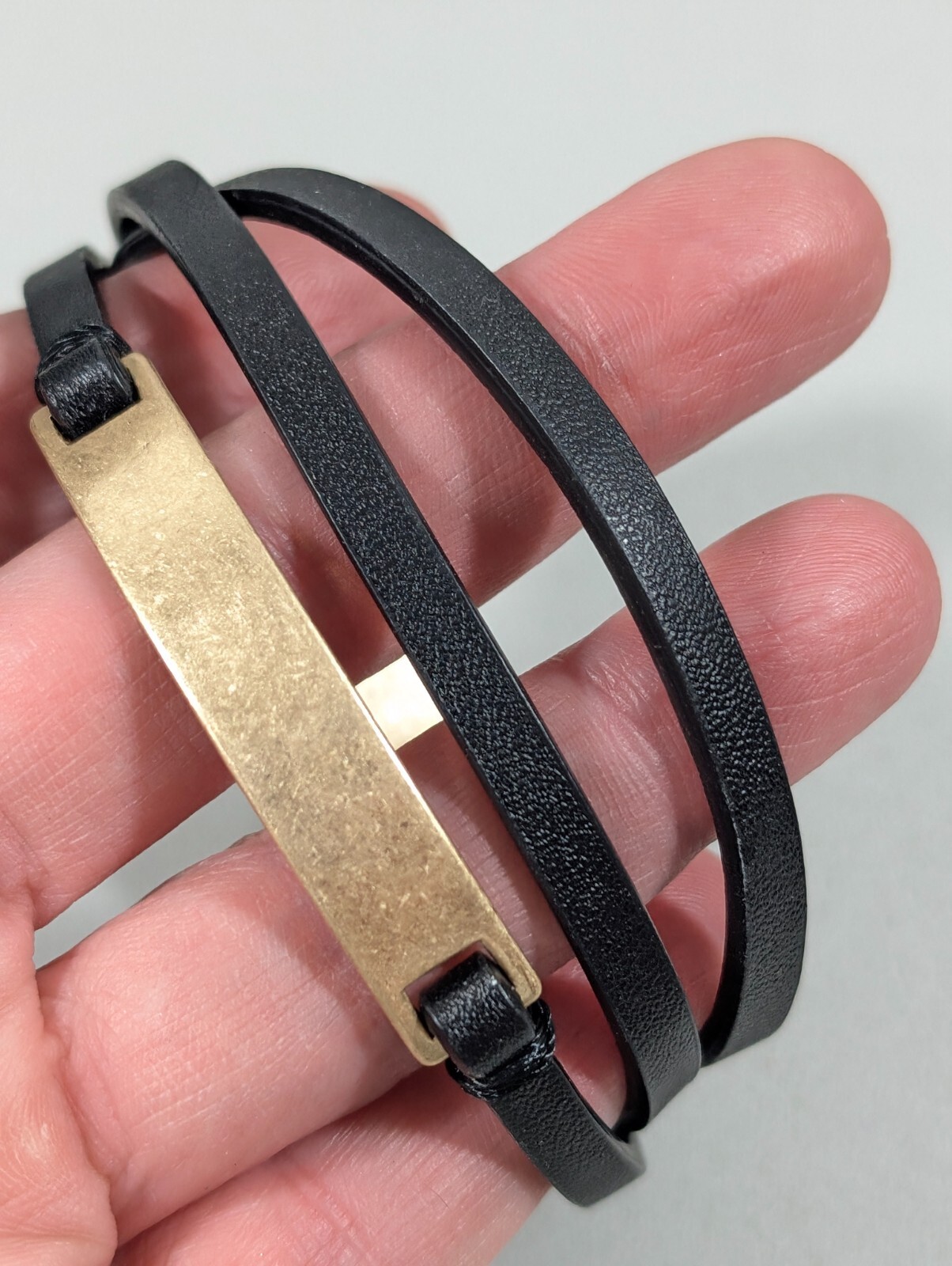 Gold Tone Matte Three Row Faux Black Leather Magnetic Bracelet 7 in Boho Western