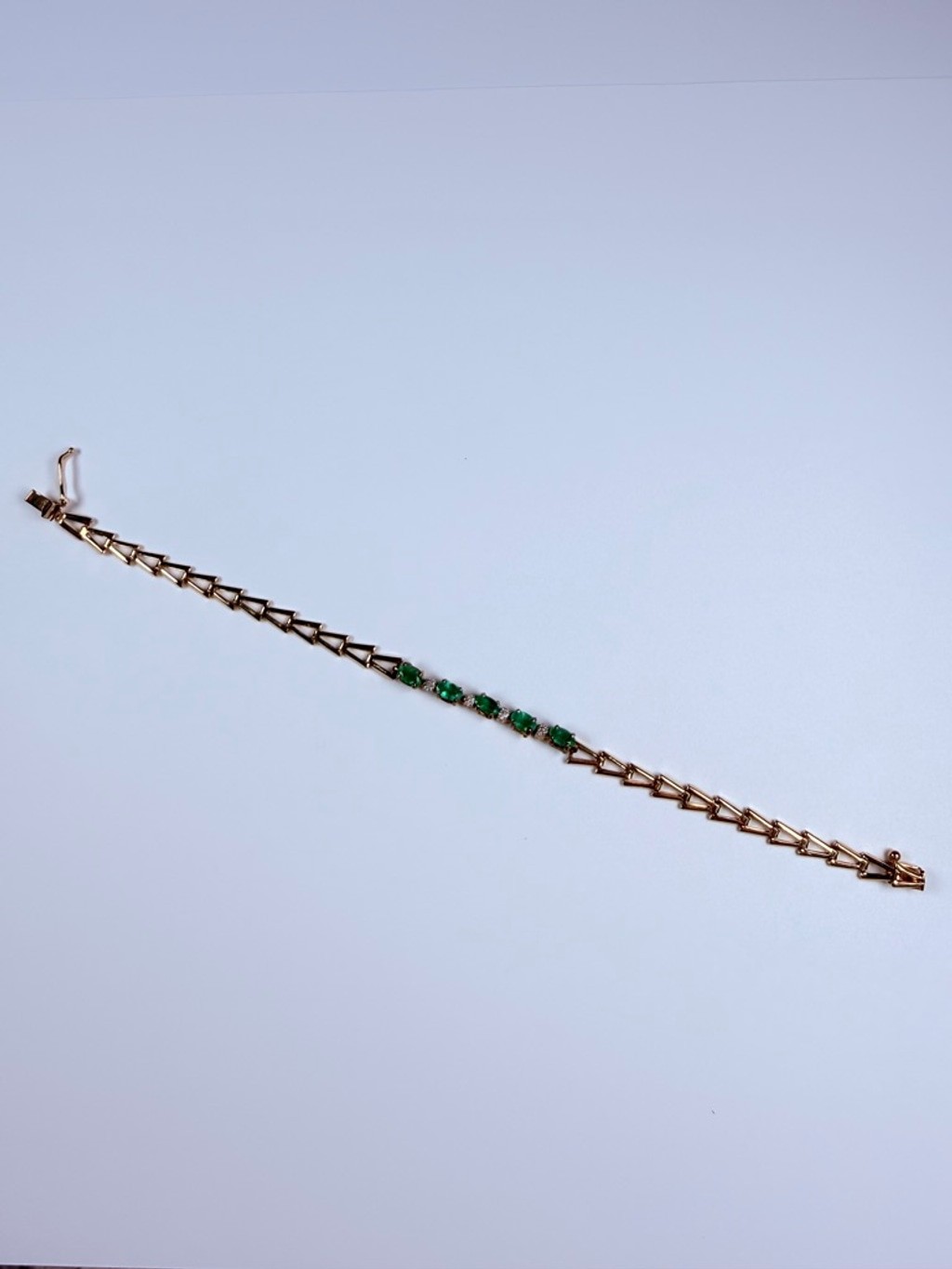 14K Solid Yellow Gold Emerald & Diamond VTG Chevron Arrow Link Tennis Bracelet