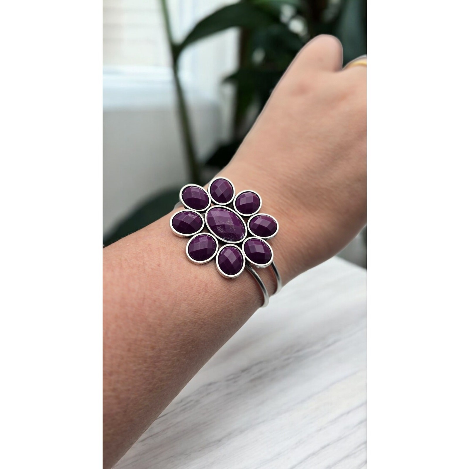 Plum Purple Stone Flower Cuff Bracelet Faceted Cluster – Romantic Statement