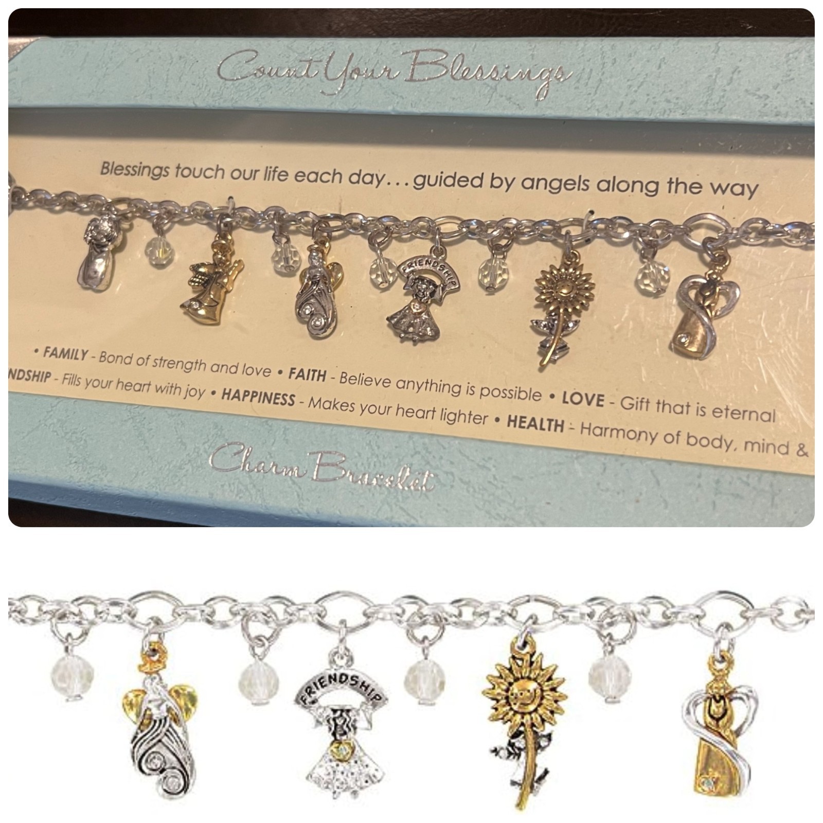 Count Your Blessings Charm Bracelet ~ Angels Gold Silver Tones SHIPS FREE NEW