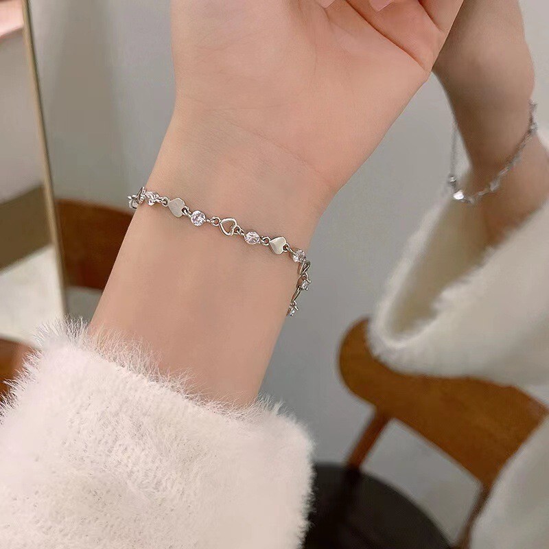 Women Real S925 Sterling Silver Heart Charm CZ Bracelet Bangle 8.3 inches