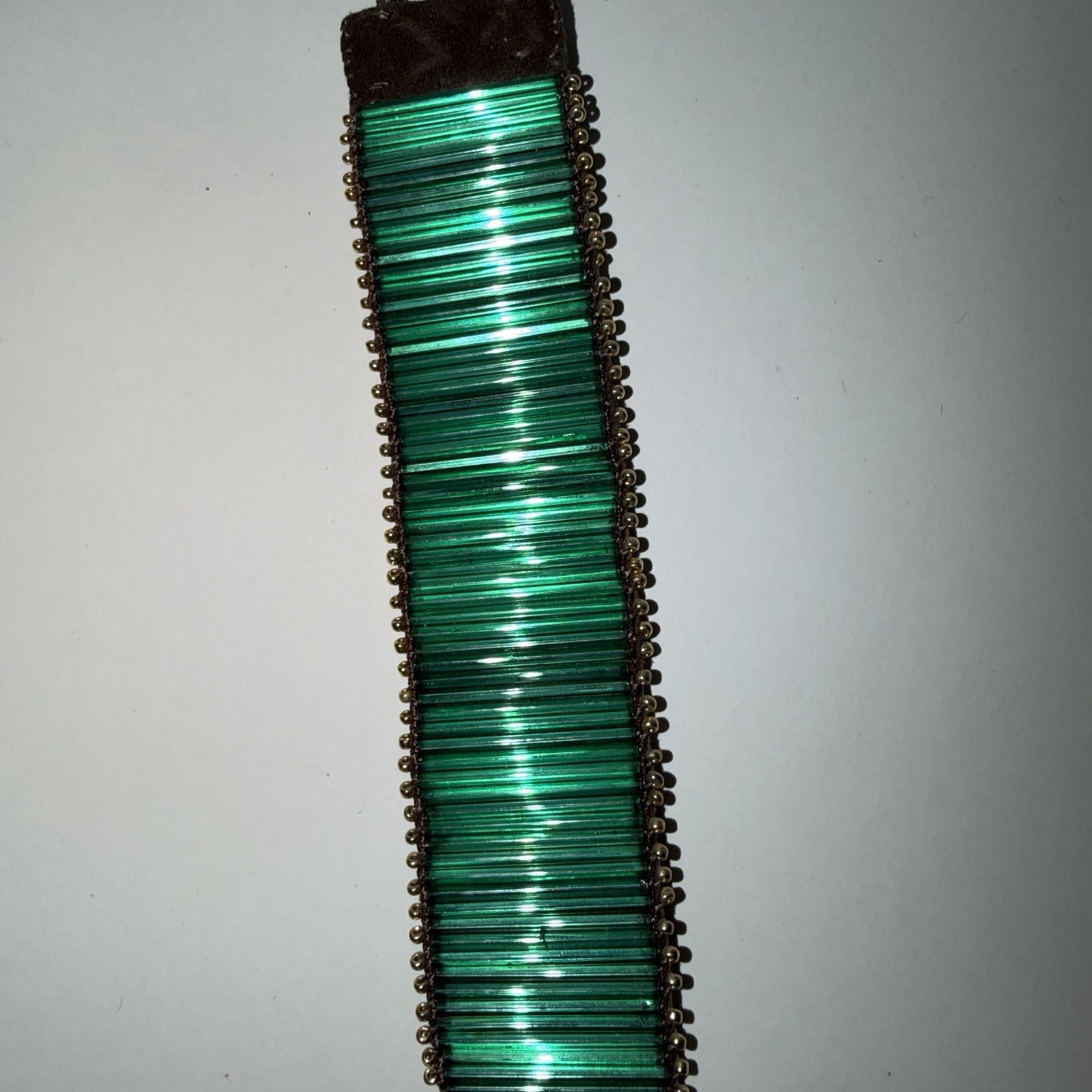 Green Bugle Bead Wide Cuff Bracelet Brown Suede Boho Tribal Adjustable Tie