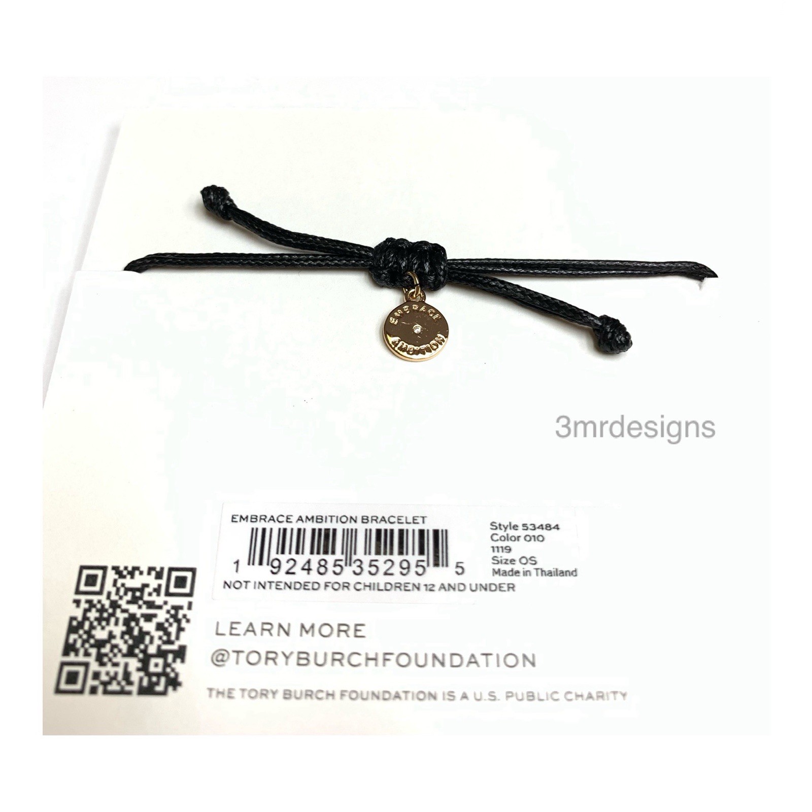 NWT TORY BURCH EMBRACE AMBITION 18K-Gold Plated Brass Black Cord Slider Bracelet