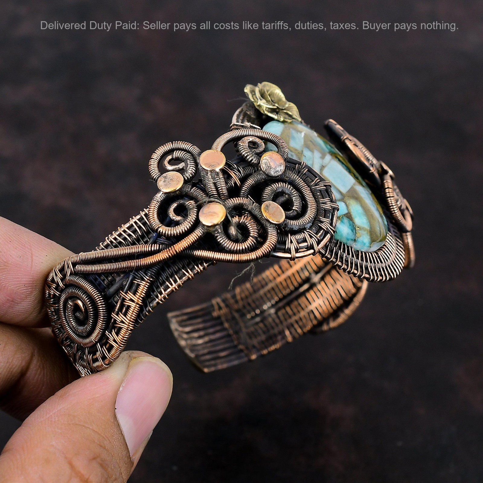 Copper Oval Copper Amazonite Gemstone Mother New Wire Wrapped Flower Bangle Cuff