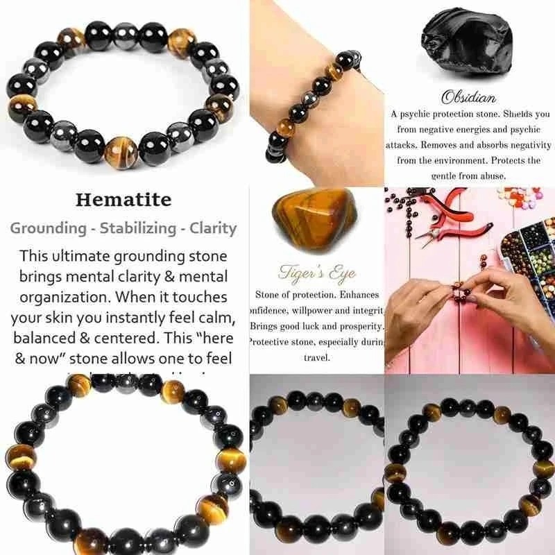2 PCS Tiger Eye Natural Stone Obsidian 8mm Beaded Bracelet Men Women Jewelry