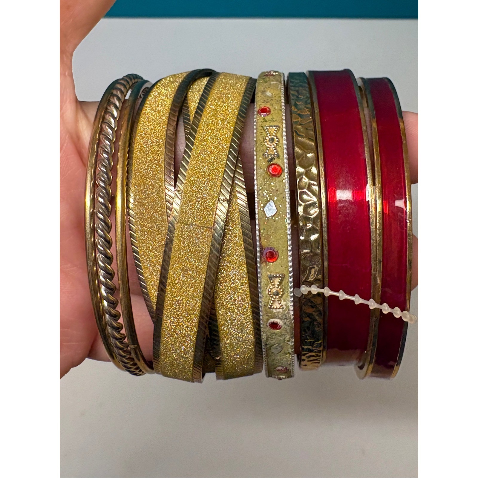 Gold Red Silver Bangle Bracelet Set Mixed Metal Enamel Glitter Stacking 10pc