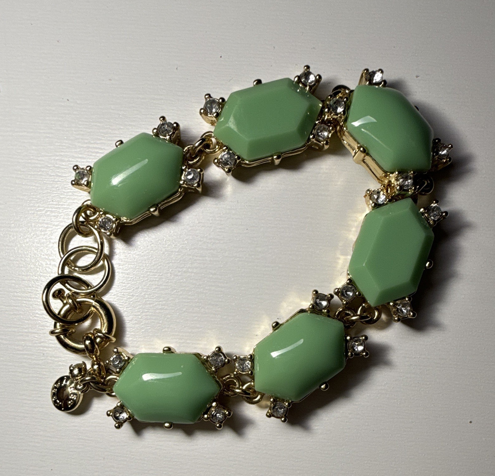 JCrew Gold Tone Metal Green Octagon Link Bracelet w/ Clear Crystal, Dangle Charm