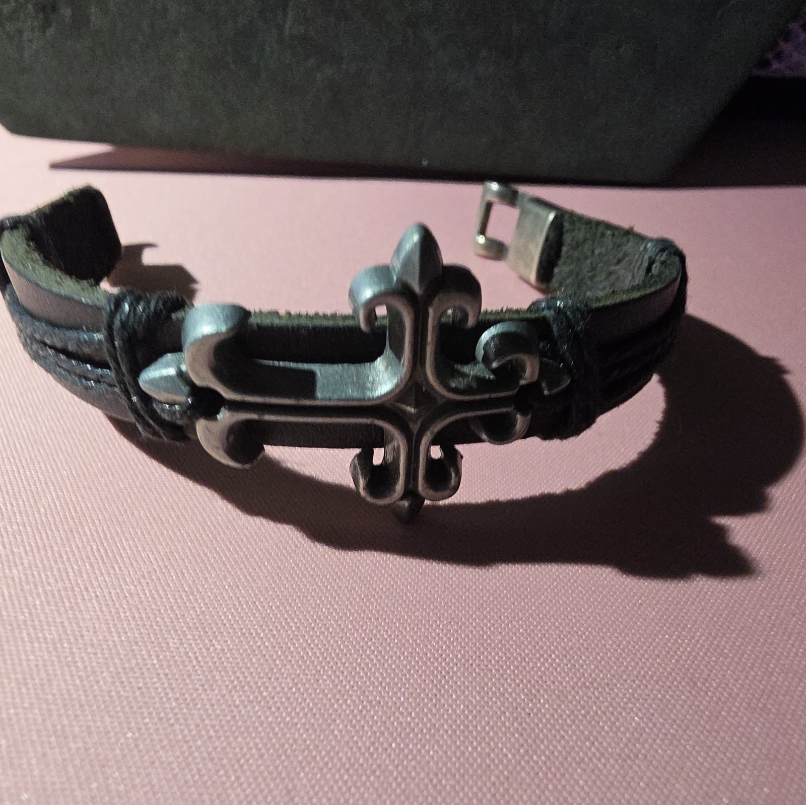Black Leather Cuff Bracelet Silver Tone Cross Buckle Closure Religious Theme
