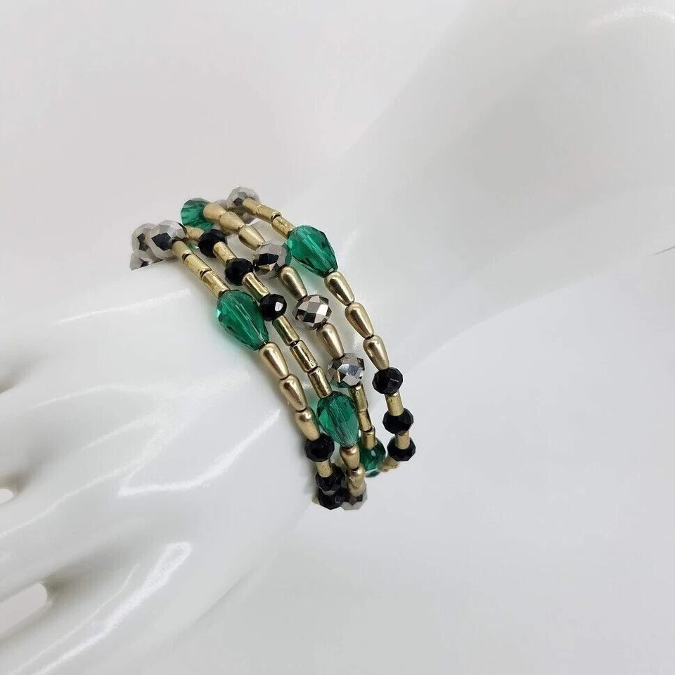 Fashion Beaded Memory Wire Coil Bracelet Green Black Gold Tone Multi Strand Wrap