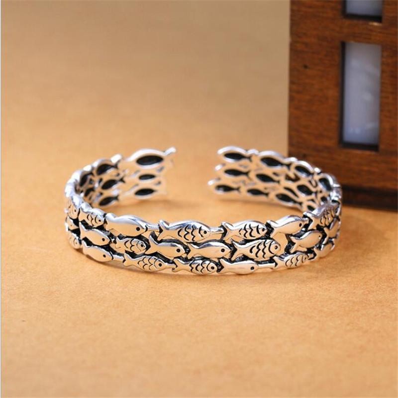 925 Sterling Silver Cute Fish Bracelet for Women Vintage Thai Silver Bangle Gift