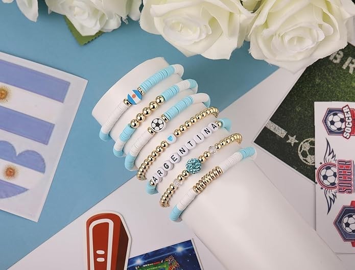 7Pc Sports Fan Bracelet Stack Set Soccer Baseball Football Tennis Charms Jewelry