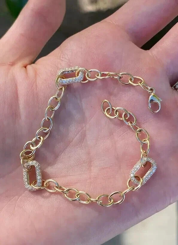 2 Ct Round Simulated Diamond Women Paperclip Bracelet 925 Yellow Sterling Silver